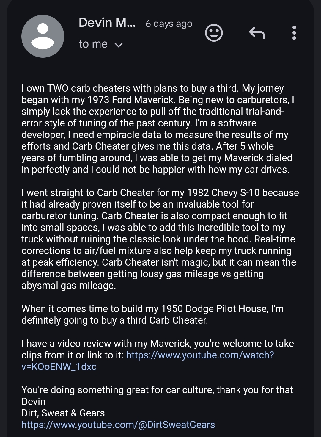 Email review from Devin M. about Carb Cheater
